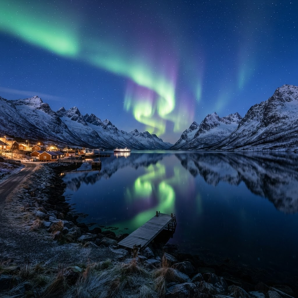 Aurora borealis reflected over a Norwegian fjord at night