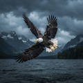 Bald eagle in flight against a stormy sky
