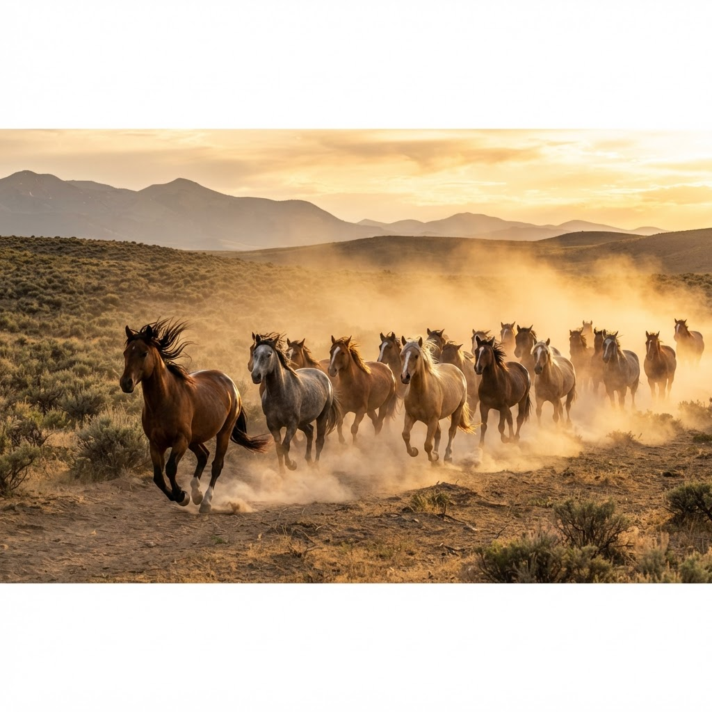 Wild mustangs galloping through golden dust at dawn