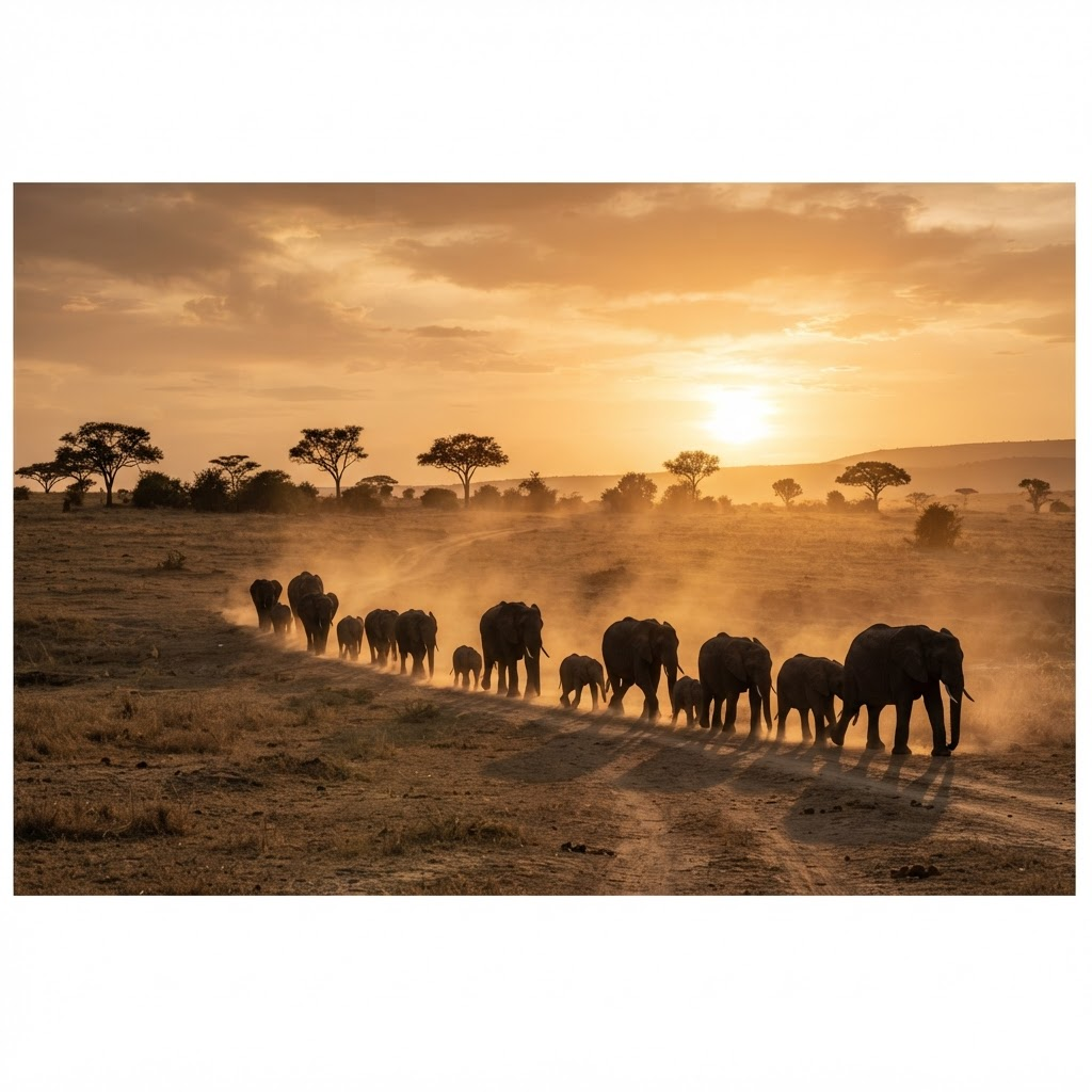 Elephants crossing the Serengeti at golden hour