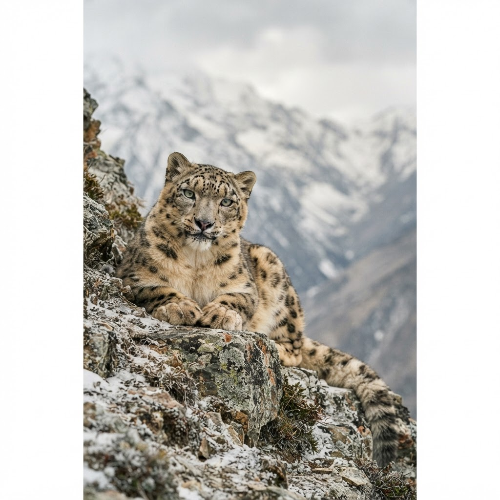 Snow leopard resting on a Himalayan rock ledge